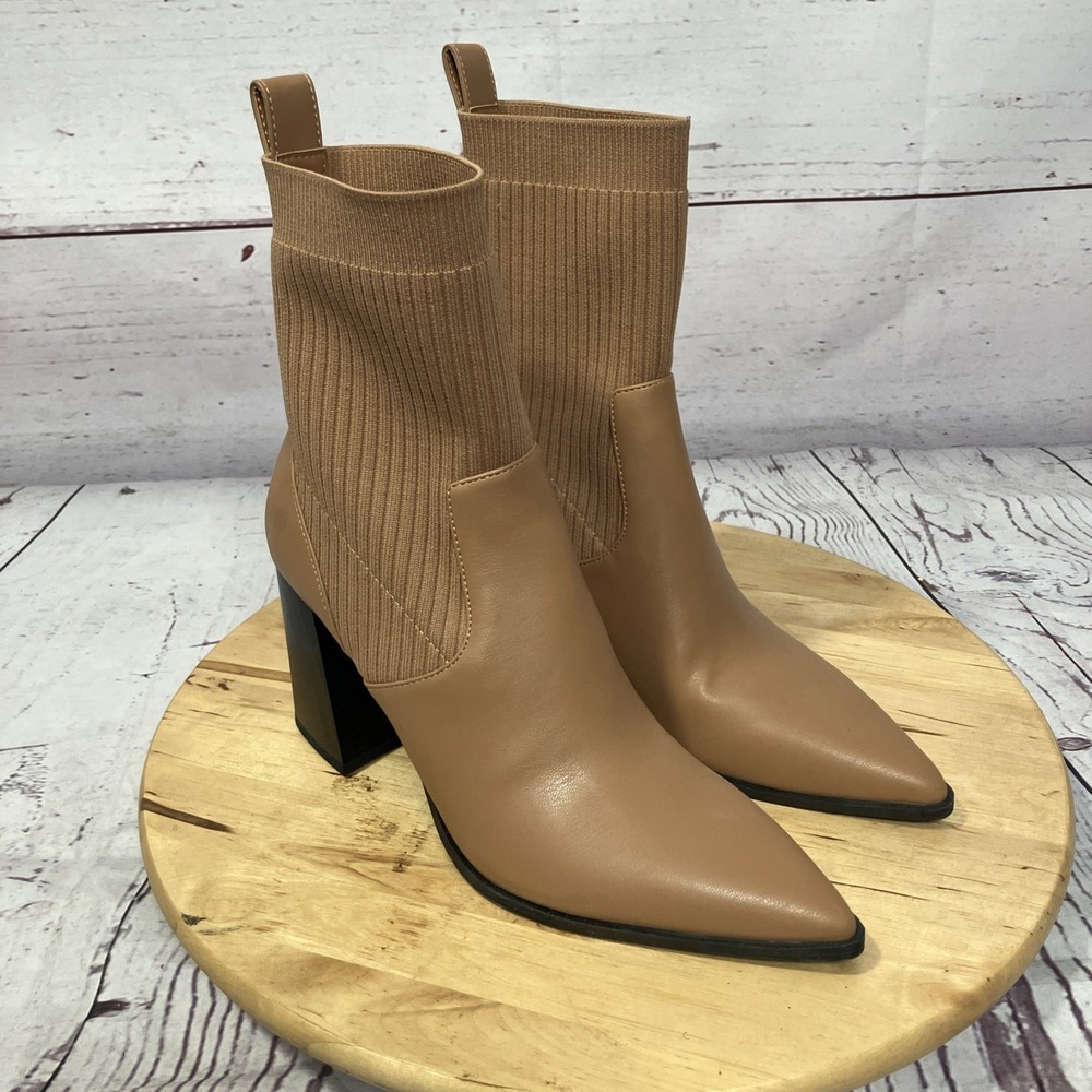 Open Edit Womens Sock Ankle Boots Camel Pointed Toe Block Heel Size 7.5
